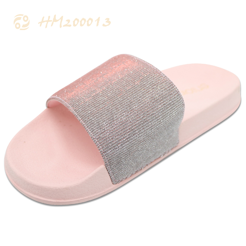 Women Pink Slides Sandals Rhinestone Elastic Upper