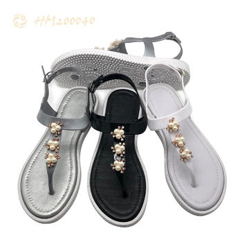 Women T Strap Flat Sandals Pearl Flip Flops Factory Price