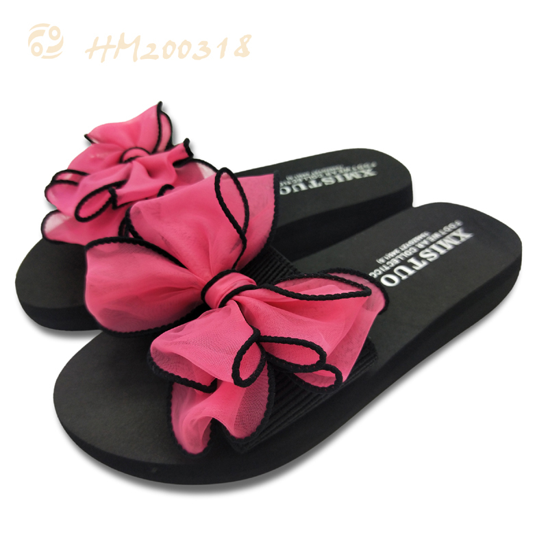 Ladies Bowtie Slides Slippers Pink Sandals for Beach